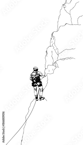Line art of a climber scaling a steep mountain cliff with safety gear