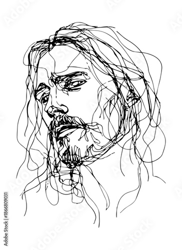Abstract line art portrait of Jesus Christ with long hair and beard