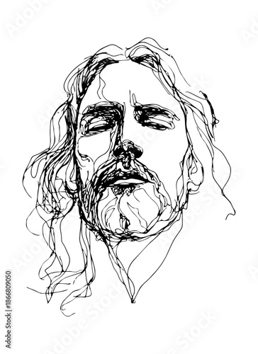Expressive abstract line art portrait of Jesus Christ with eyes closed