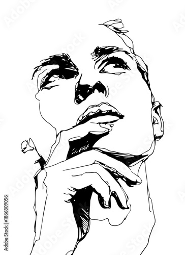 Expressive line art portrait of a person in deep thought with hand near mouth