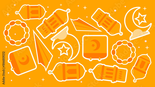 A monochromatic orange scene focusing on religious timekeeping through calendars crescent moons and traditional lanterns