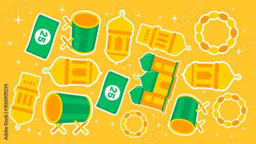 A vibrant yellow background featuring a seamless arrangement of traditional lamps prayer beads green drums and paper money currency