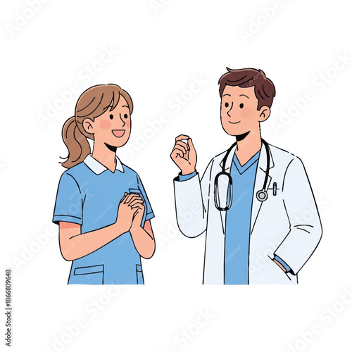 A cartoon illustration of a male doctor and female nurse in blue scrubs having a conversation with a white background and a cute dragon nearby.