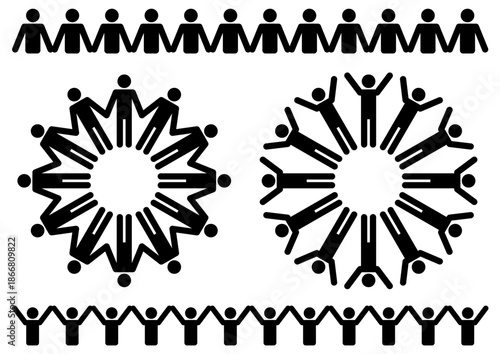 Black stick figures holding hands in various formations representing unity and community.