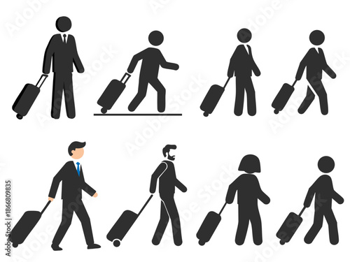 Collection of stick figures and simplified human icons depicting people traveling with wheeled luggage.