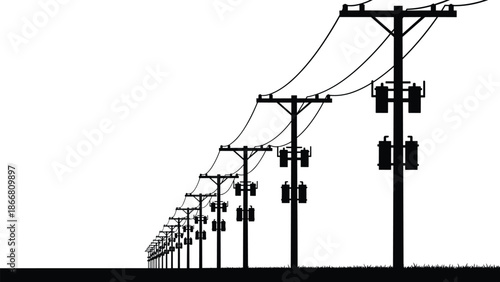 High voltage power transmission poles, electric utility lines perspective, energy infrastructure, electricity distribution network, rural landscape, minimal background, industrial grid,