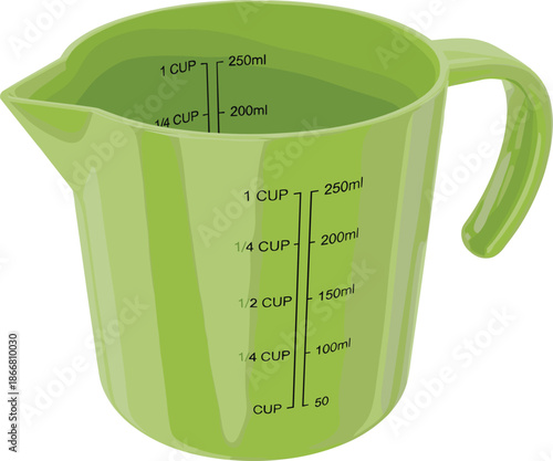 Green measuring cup illustration, kitchen measurement jug, cooking baking tool, liquid volume scale, household utensil, isolated on white background, vector style design