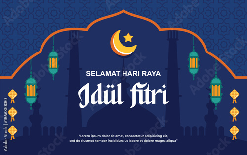 happy eid al fitr eid mubarak greeting design with ketupat cresscent moon and lantern vectors