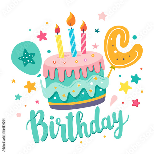 Happy birthday celebration banner with cake, candle, and festive