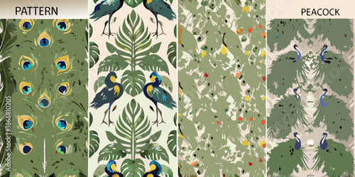 A vibrant collection of repeating peacock and tropical leaf patterns