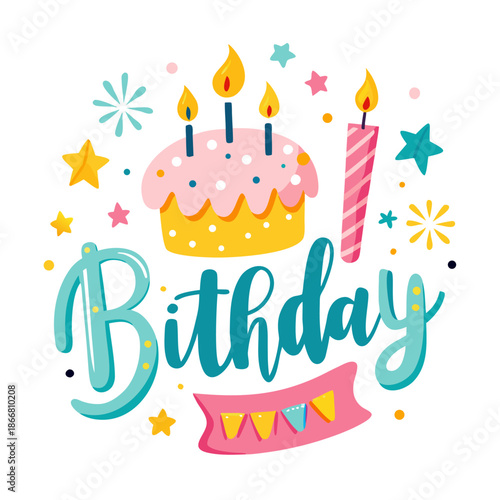 Happy birthday celebration banner with cake, candle, and festive
