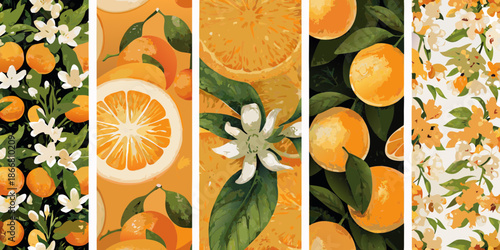 A vibrant collection of orange citrus fruits and floral patterns displayed vertically