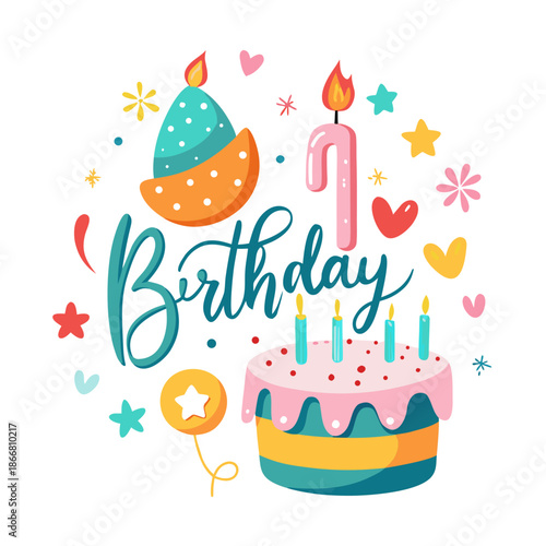 Happy birthday celebration banner with cake, candle, and festive