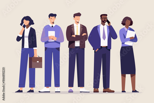 Diverse group of business professionals standing in a row looking forward