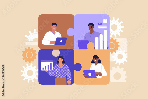 Collaborative teamwork concept with people working on laptops and puzzle pieces