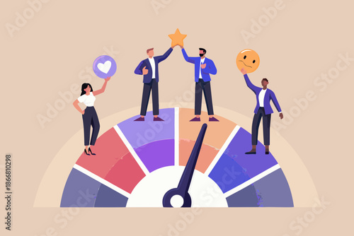 Teamwork and positive feedback shown with a gauge and diverse people