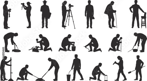 Silhouette of professional film crew working, camera operator, lighting technician, sound engineer, production team activities, filmmaking process, video production concept,