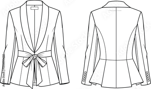 Women's shawl collar belted blazer technical fashion sketch peplum jacket template front and back view cad drawing flat vector illustration