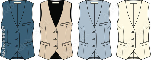 Women's waistcoat vest technical fashion sketch collection in four colors, buttoned tailored office wear cad drawing flat vector illustration template