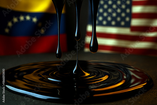 Thick crude oil dripping onto surface with Venezuela and USA flags in background symbolizing fossil fuel dependency, energy trade, geopolitical tension, sanctions, and international diplomacy