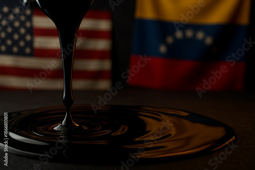 Crude oil pouring onto surface with USA and Venezuela flags in background symbolizing fossil fuel dependency, energy trade, geopolitical tension, sanctions, and international economic relations