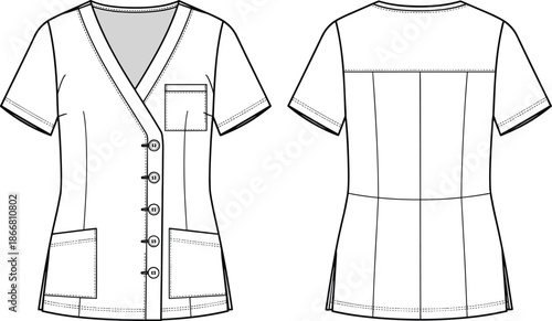 Women's v-neck button front scrub top technical fashion sketch with pockets front and back view cad drawing flat vector illustration