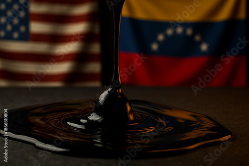 Black oil pouring onto surface with USA and Venezuela flags in background symbolizing fossil fuel dependency, energy trade, geopolitical tension, sanctions, and international economic relations