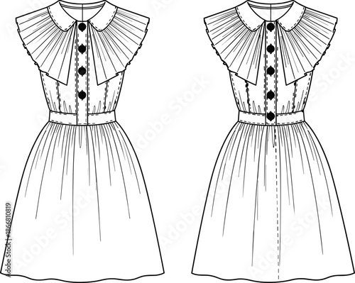 Collection of women's buttoned waistcoat vest technical fashion sketches in four colors, tailored office wear cad drawing flat vector illustration