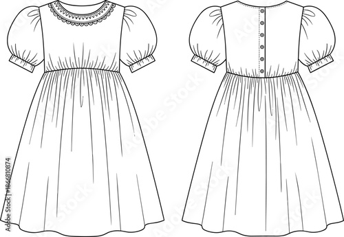 Toddler girls puff sleeve dress technical fashion sketch with gathered waist front and back view cad drawing flat vector illustration