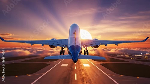 Airplane Taking Off at Sunset on Runway