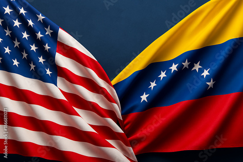 Textured fabric flags of USA and Venezuela side by side symbolizing diplomacy, political tension, cultural exchange, international relations, economic conflict, and global geopolitical dynamics