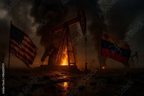 Oil pumpjack engulfed in flames with USA and Venezuela flags symbolizing fossil fuel dependency, geopolitical tension, environmental disaster, energy crisis, and global diplomatic conflict