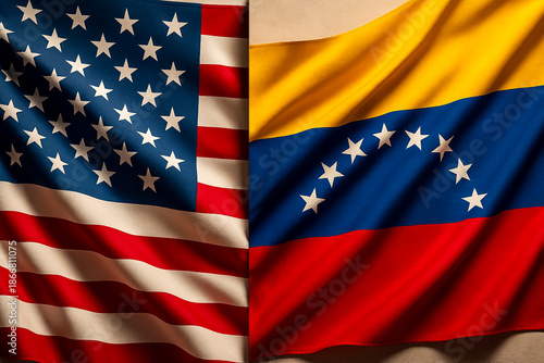 Side-by-side display of United States and Venezuela flags symbolizing diplomacy, political tension, cultural exchange, international relations, economic conflict, and global geopolitical dynamics