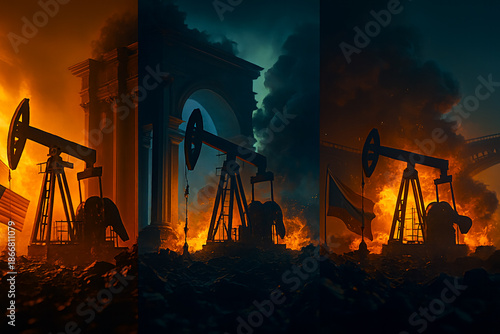Triptych of oil pumpjacks silhouetted against flames with USA flag, ruins, and bridge symbolizing industrial catastrophe, geopolitical tension, environmental crisis, and global energy conflict