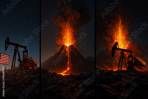 Triptych of oil pumpjacks with USA, Venezuela, and Russia flags against volcanic eruption backdrop symbolizing geopolitical tension, energy conflict, environmental crisis, and global diplomacy
