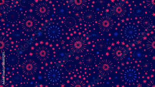 A vibrant dark blue background features scattered red and blue starbursts