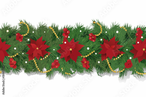 Festive christmas garland with poinsettias gold beads and snowy accents
