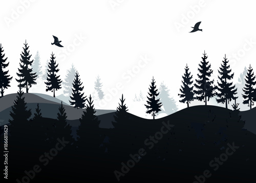 Silhouette of a forest landscape with hills and flying birds above