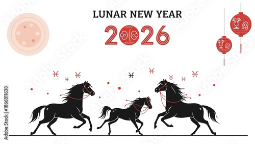 Lunar New Year 2026 Horse Silhouette Illustration with Butterflies and Lanterns.