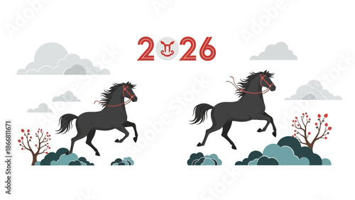 Year of the Horse illustration with running horses and clouds.