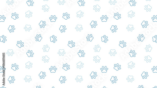 Cute blue paw print seamless pattern on white background. Playful scattered animal track vector for pet care wallpaper, veterinary marketing, and gift wrapping paper