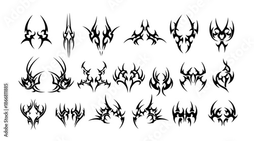 Set of black abstract tribal tattoo vector elements featuring sharp symmetrical curves and gothic ornaments, perfect for use in body art, vehicle decals, or aggressive logo design projects