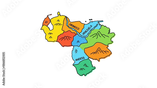 Cartoon Style Physical Map of Venezuela Highlighting Geographic Features on Isolated White Background