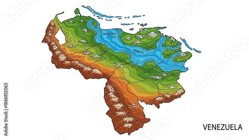 Colorful physical relief map of Venezuela showing mountains, rivers, and natural features like Angel Falls on an isolated white background.