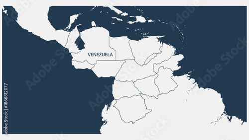 Silhouette political map of Venezuela highlighted within the South American continent on a dark blue background.