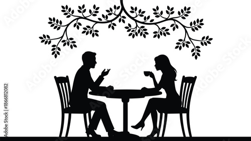 Romantic couple silhouette drinking coffee at table under tree branches, dating conversation love relationship illustration, outdoor cafe scene, minimal black background design art