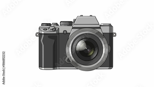 Modern digital camera with lens and controls.