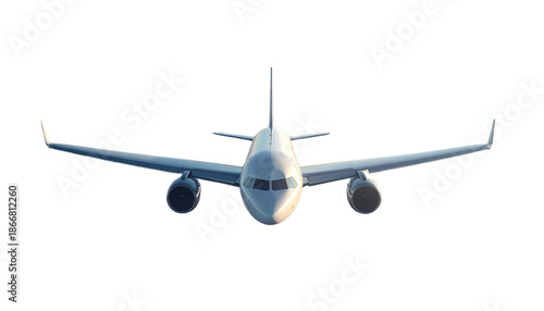 Commercial passenger jet aircraft flying isolated on white background for aviation travel and air transportation