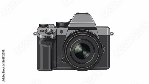 Modern Digital Camera with Lens Isolated on White Background.