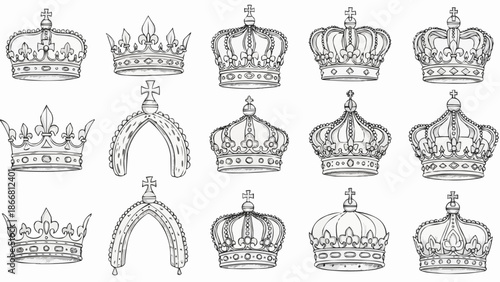 Collection of Royal Crowns and Tiaras Hand Drawn Sketch Style.